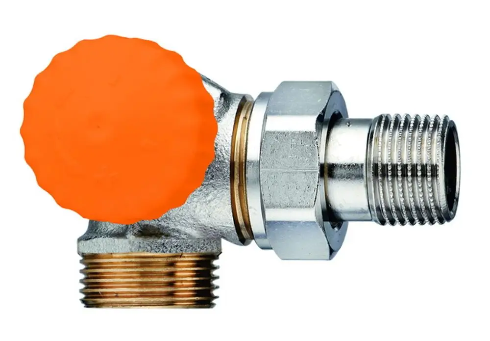 Thermostat-Ventilunterteil mit orangefarbener Abdeckung und metallischer Verbindung. Hergestellt von IMI Hydronic Engineering. Anschluss mit Außengewinde sichtbar.